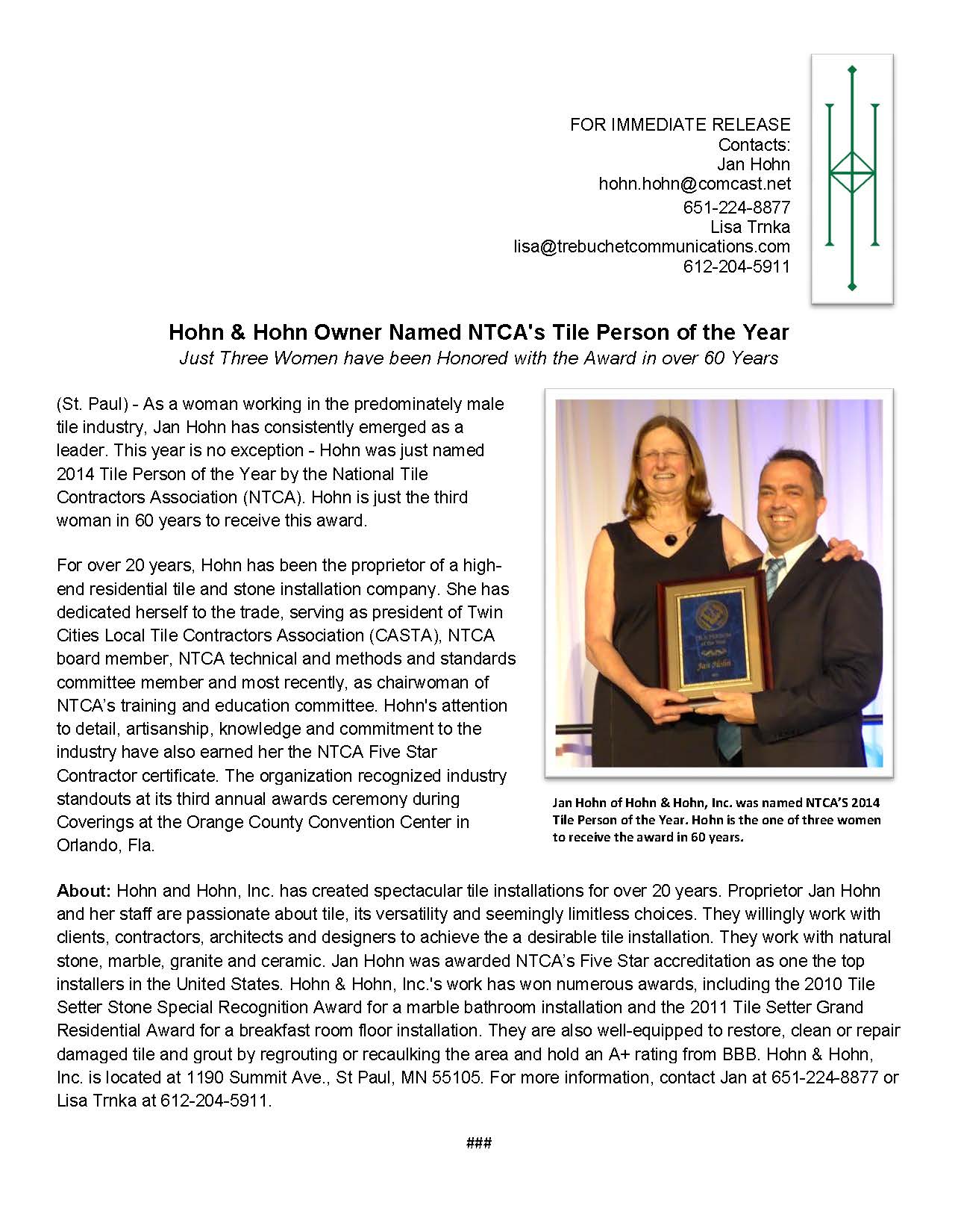 Jan Hohn Tile person of the year award